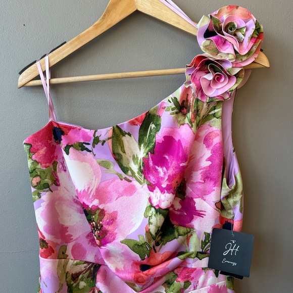 JH Evenings Floral Pink One-Shoulder Dress, sz 14 - Picture 3 of 9